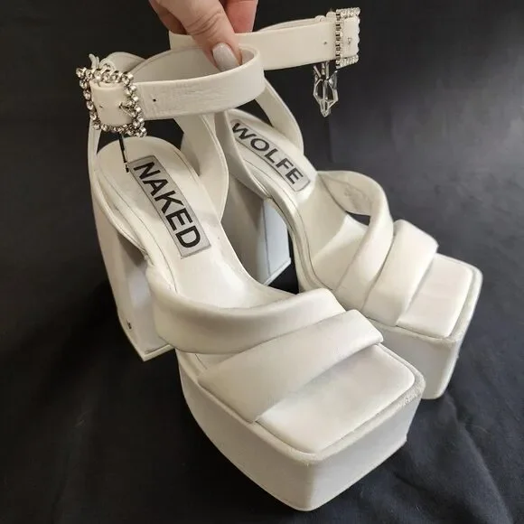RARE ♡ Naked Wolfe ♡ Jingle Platform Strappy Sandal Heels in White - Picture 1 of 8